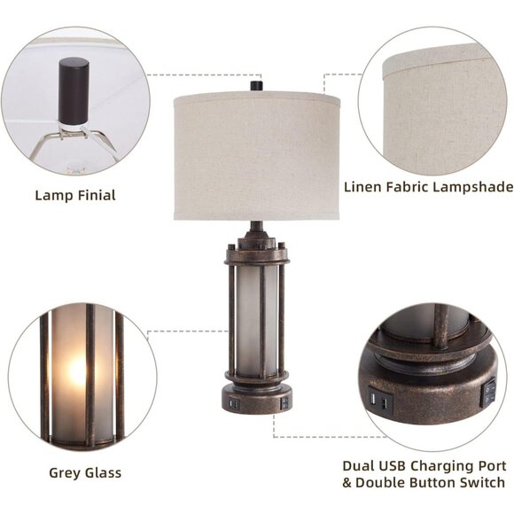 Set Of 2 Farmhouse Living Room Rustic Vintage Bedroom Nightstand Table Lamp - Picture 7 of 8